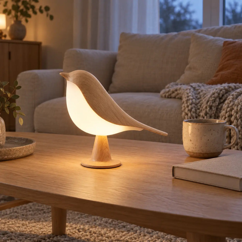 Svala in light wood lit on the living-room coffee table