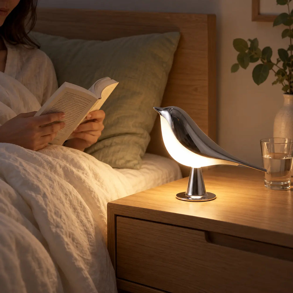 Svala in silver on the bedside table while reading in bed