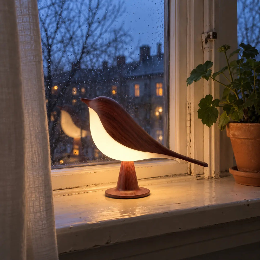 Svala in dark wood on the windowsill on a rainy evening