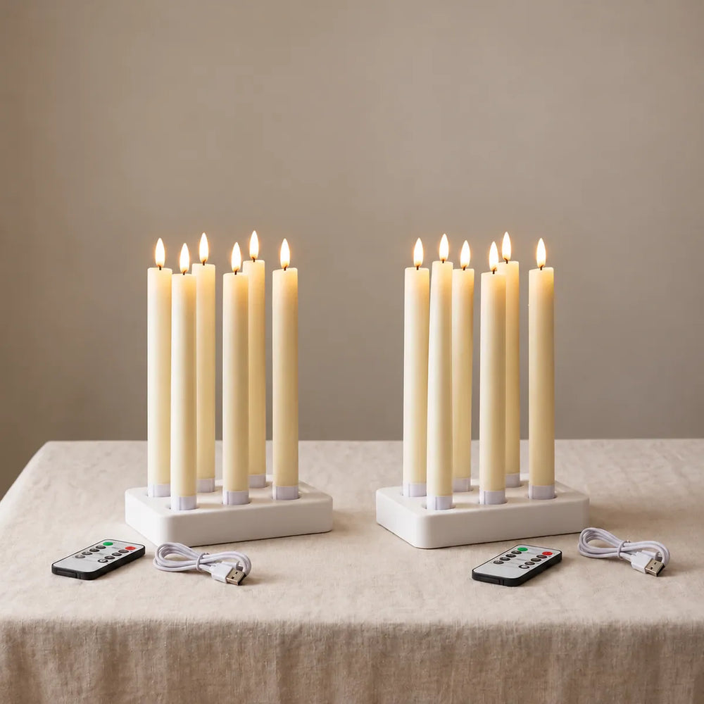 Wove Luma 2 sets: 12 LED taper candles in two charging docks with two remotes and two USB-C cables