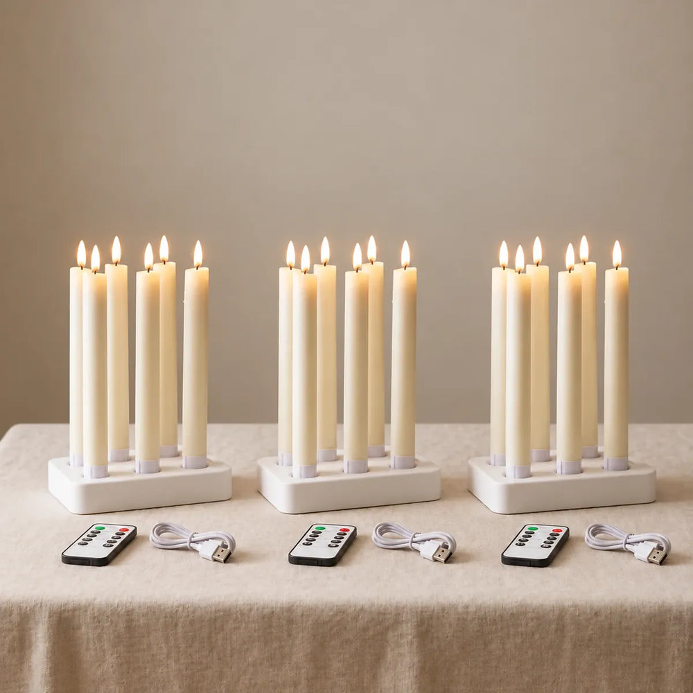 Wove Luma 3 sets: 18 LED taper candles in three charging docks with three remotes and three USB-C cables