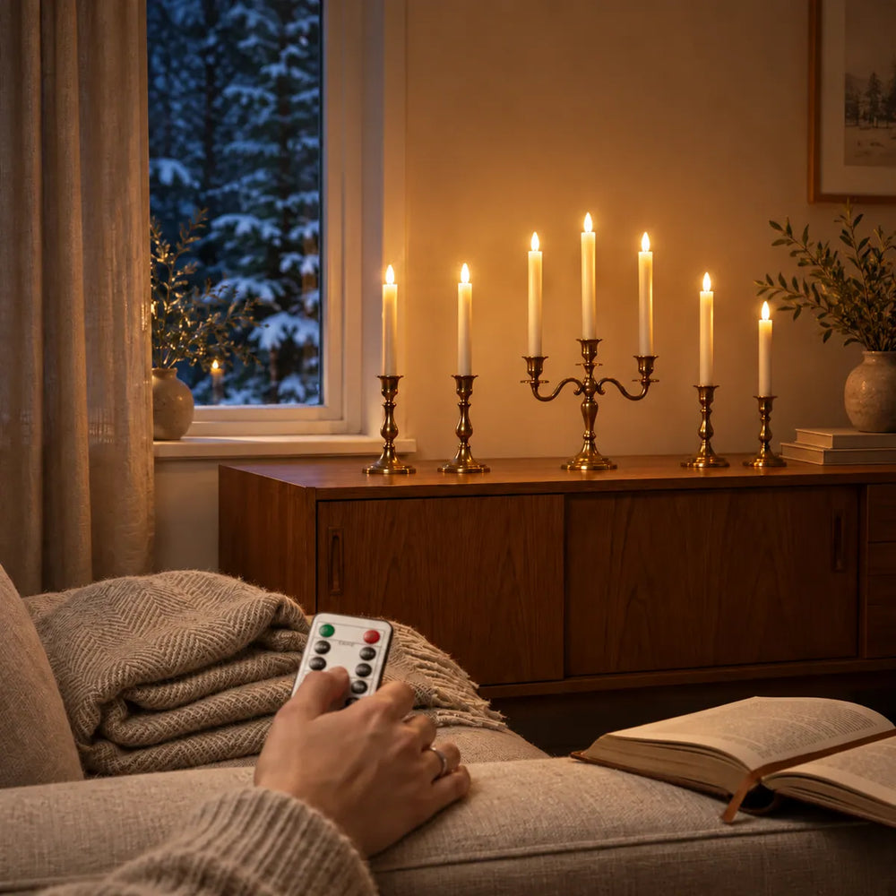 Hand using the remote to switch on Wove Luma LED taper candles on a teak sideboard from the sofa on a winter evening