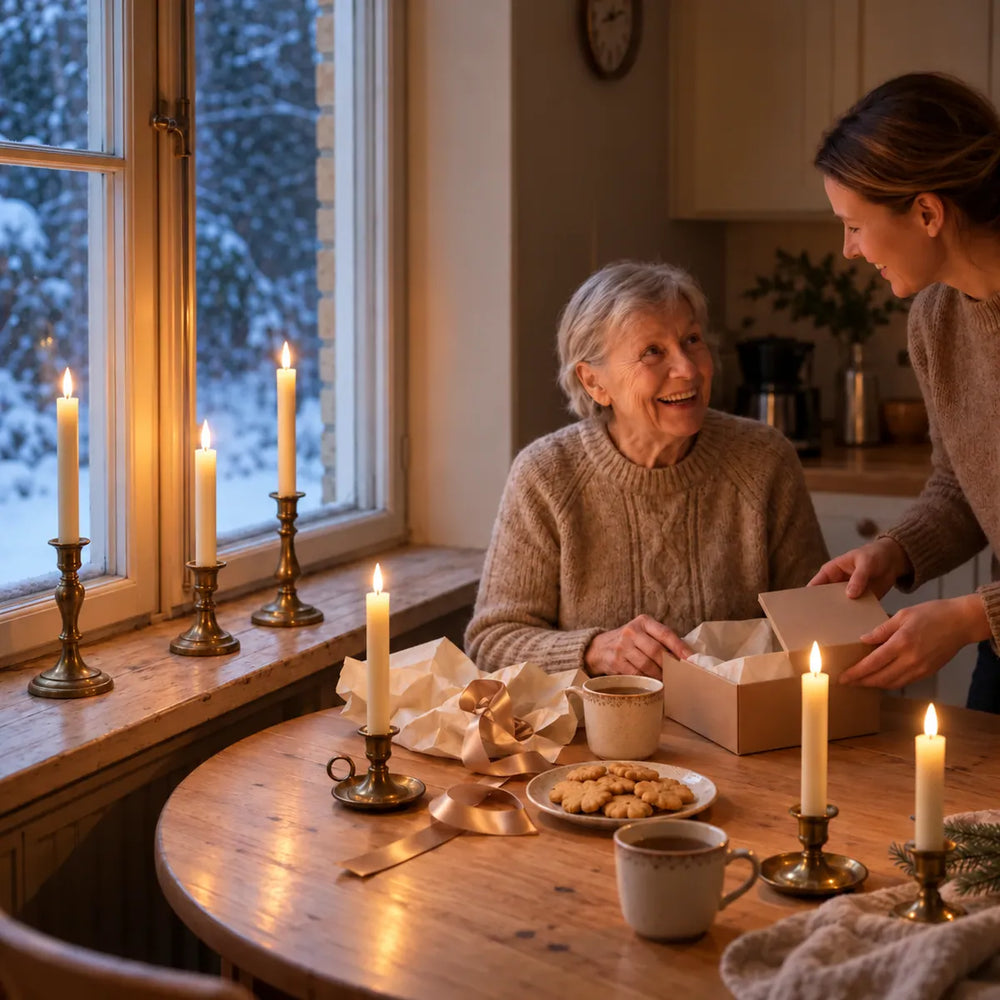 Older woman receiving Wove Luma LED taper candles as a gift at the kitchen table with candles lit in the window