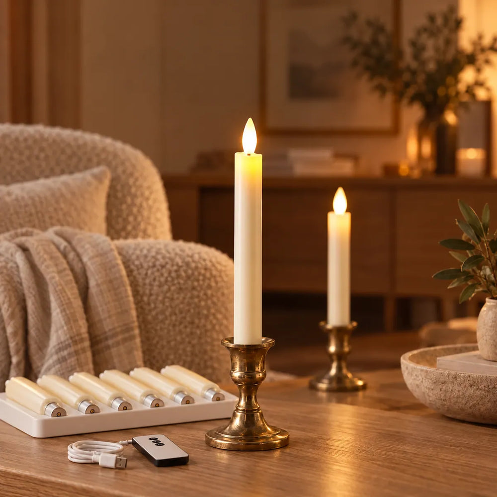 Wove Luma LED taper candles lit in brass holders beside an armchair, with six candles in the charging dock, remote and USB-C cable