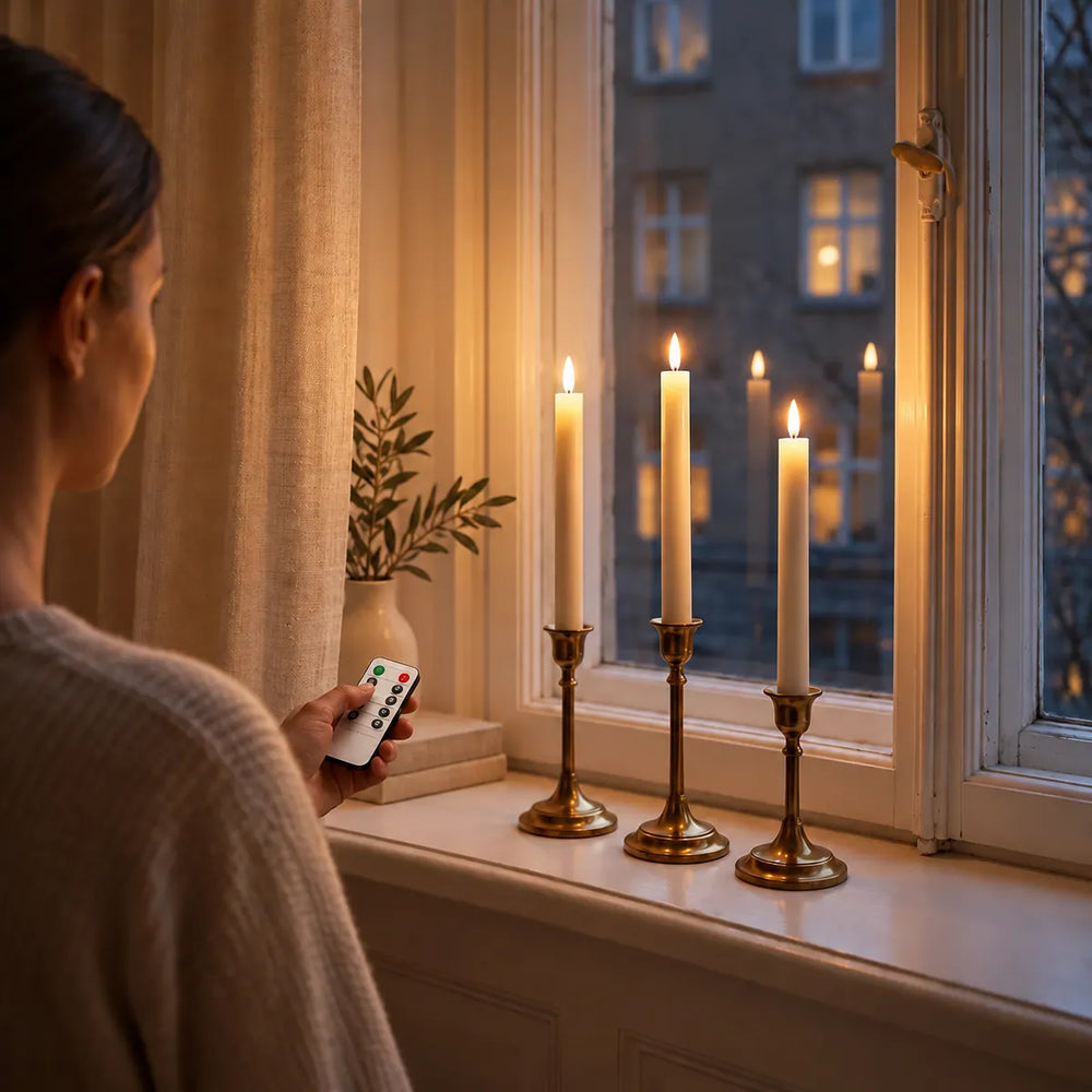Woman switching on three Wove Luma LED taper candles on a windowsill with the remote on a winter evening