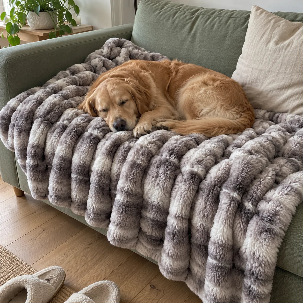 Golden retriever asleep on a grey Cloud blanket on a green sofa