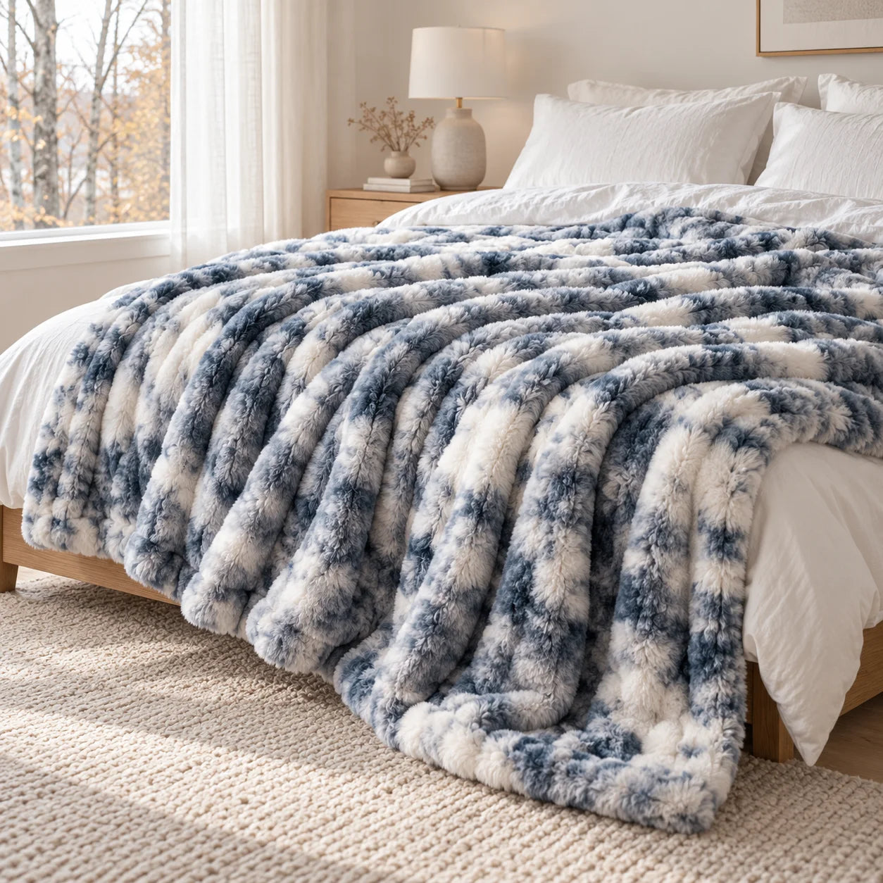 Ice blue Cloud blanket on a bed in a bright bedroom with an autumn view