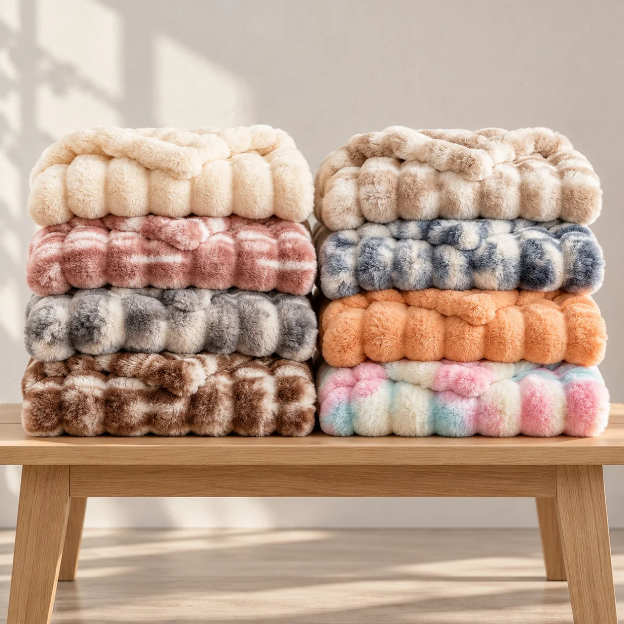 Eight Cloud blankets in every colour, folded and stacked on a wooden bench