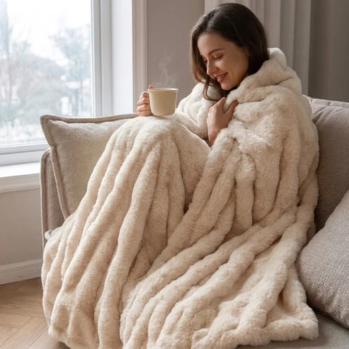 Smiling woman with a cup of tea, wrapped in a cream Cloud blanket by the window