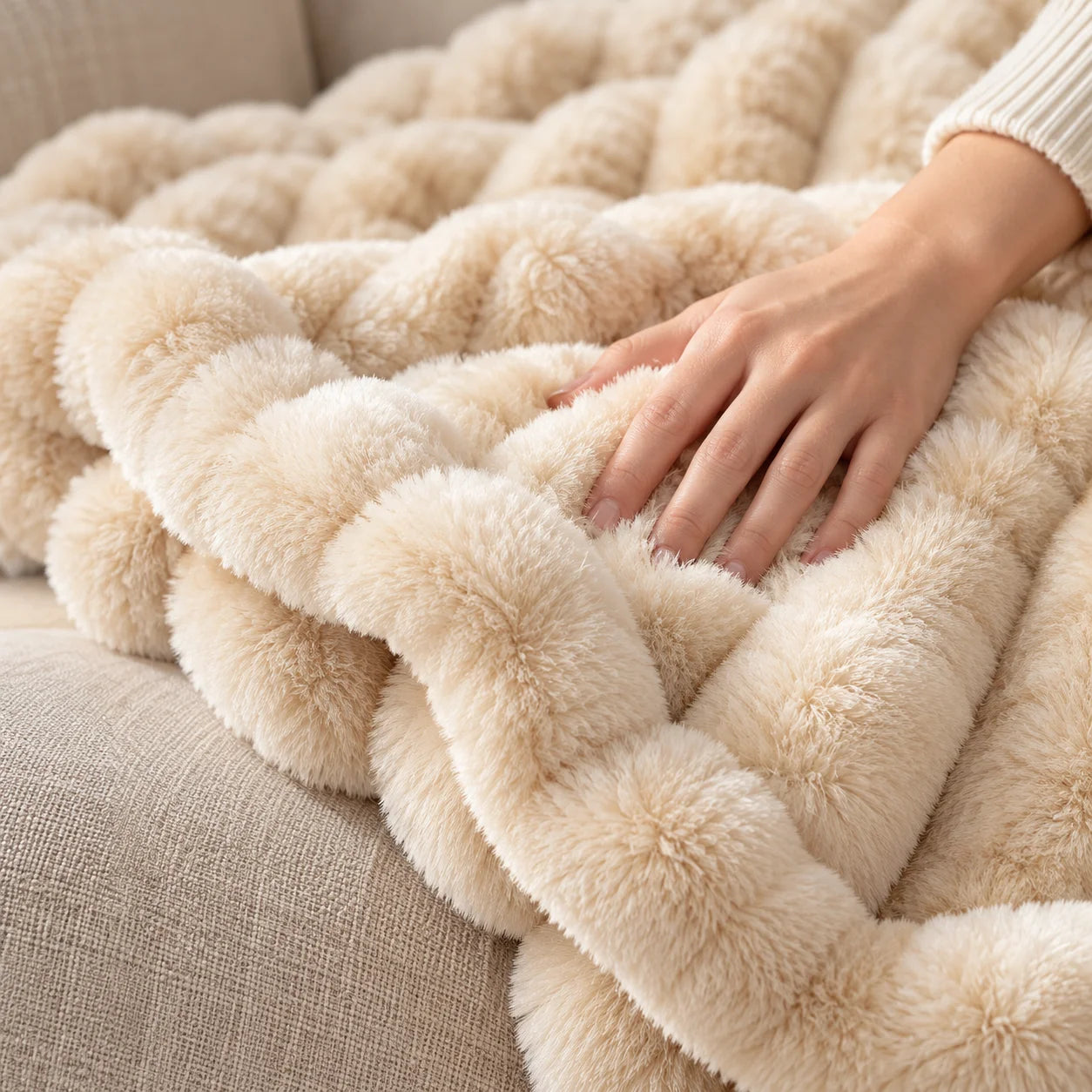 A hand stroking the soft ribs of the cream Cloud blanket