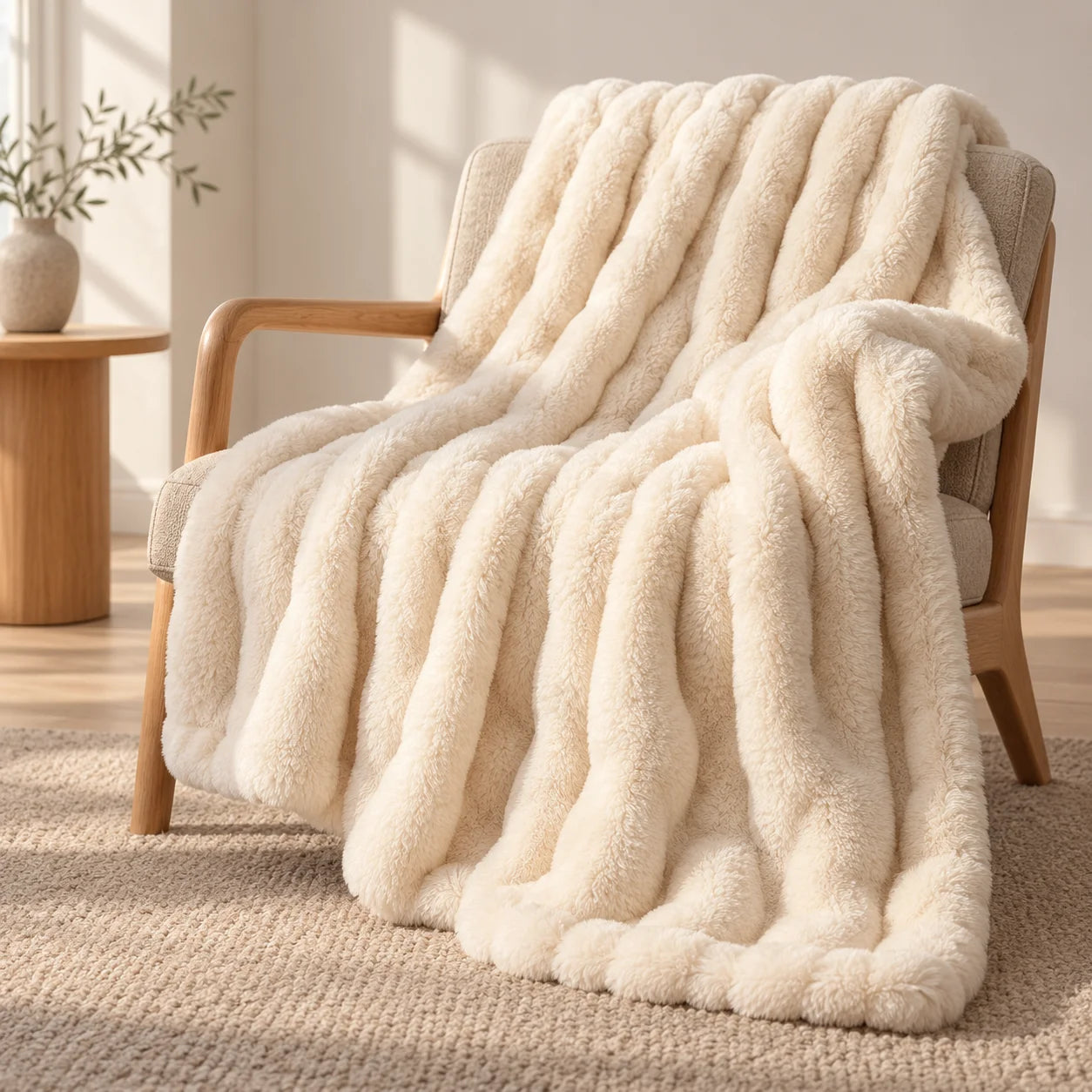 Cream Cloud blanket draped over a light wooden armchair