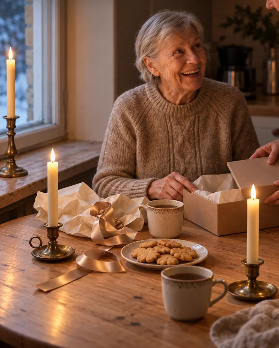 Older woman opening a gift at the kitchen table with lit candles