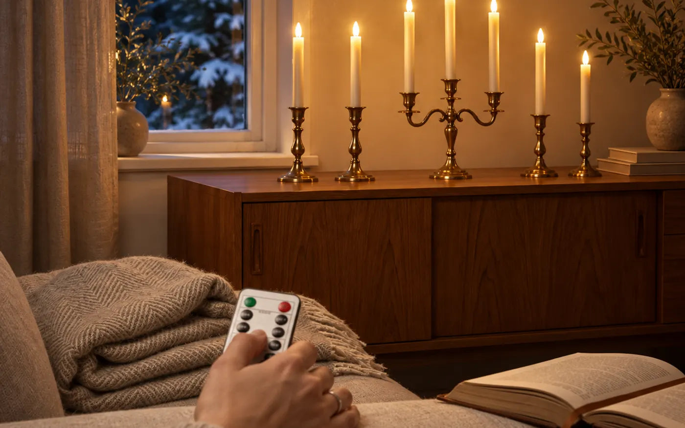 Six LED taper candles in brass holders on a sideboard, switched on with a remote from the sofa