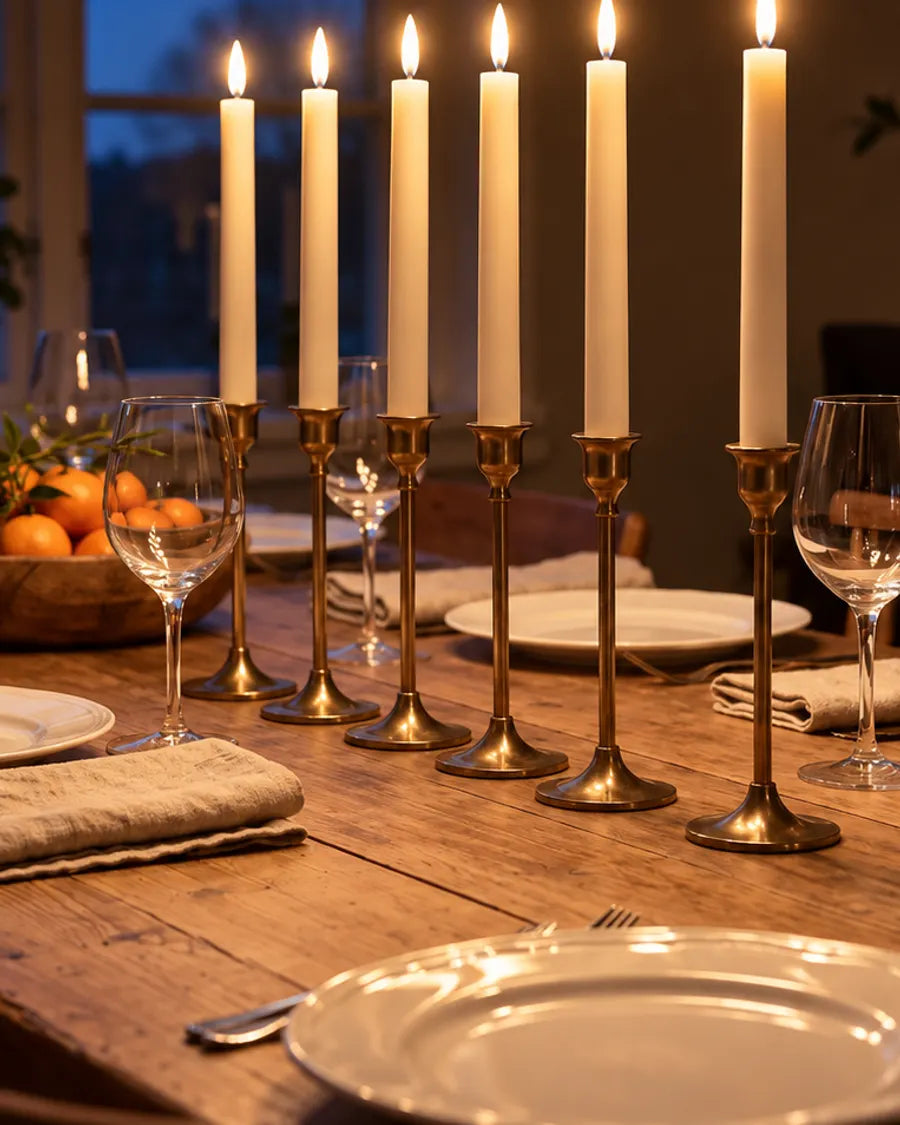 The dining table – Six tall candles down the table – dinner instantly feels like an occasion.