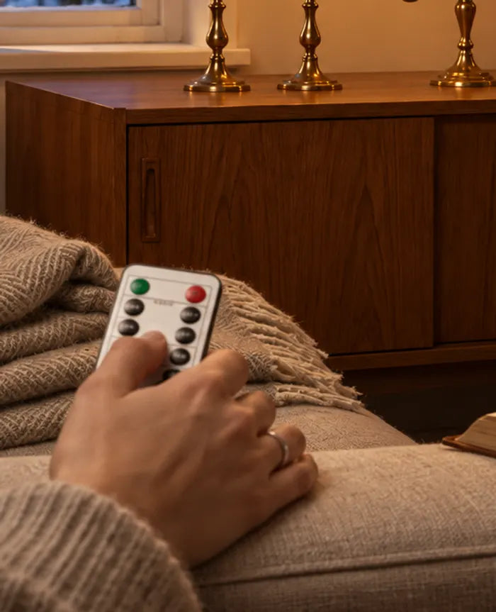 Hand holding the remote in front of lit taper candles