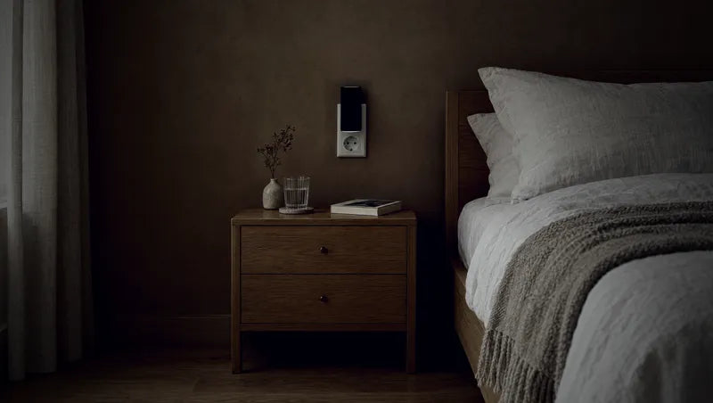 The same bedroom in the evening with the light on
