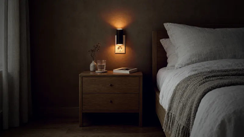The same bedroom in the evening with the light on