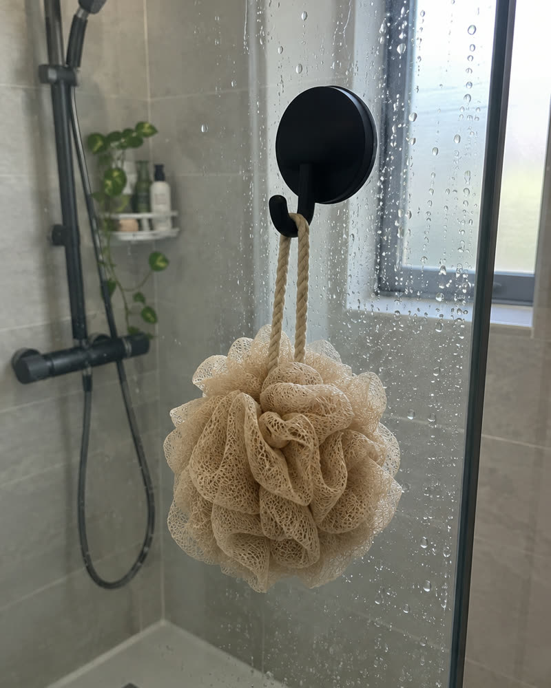 Black Wove hook on a glass shower screen with a beige sponge