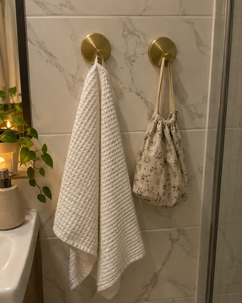 Two brushed gold Wove hooks on marble tile with a white towel