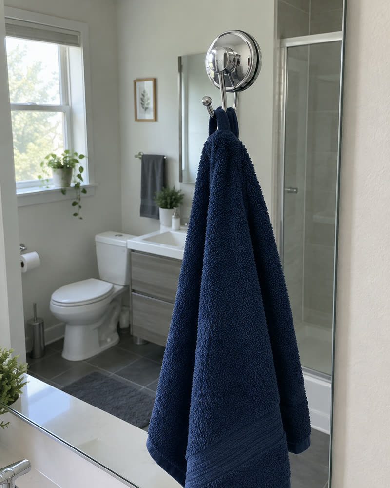 Chrome Wove hook on a bathroom mirror with a dark blue towel