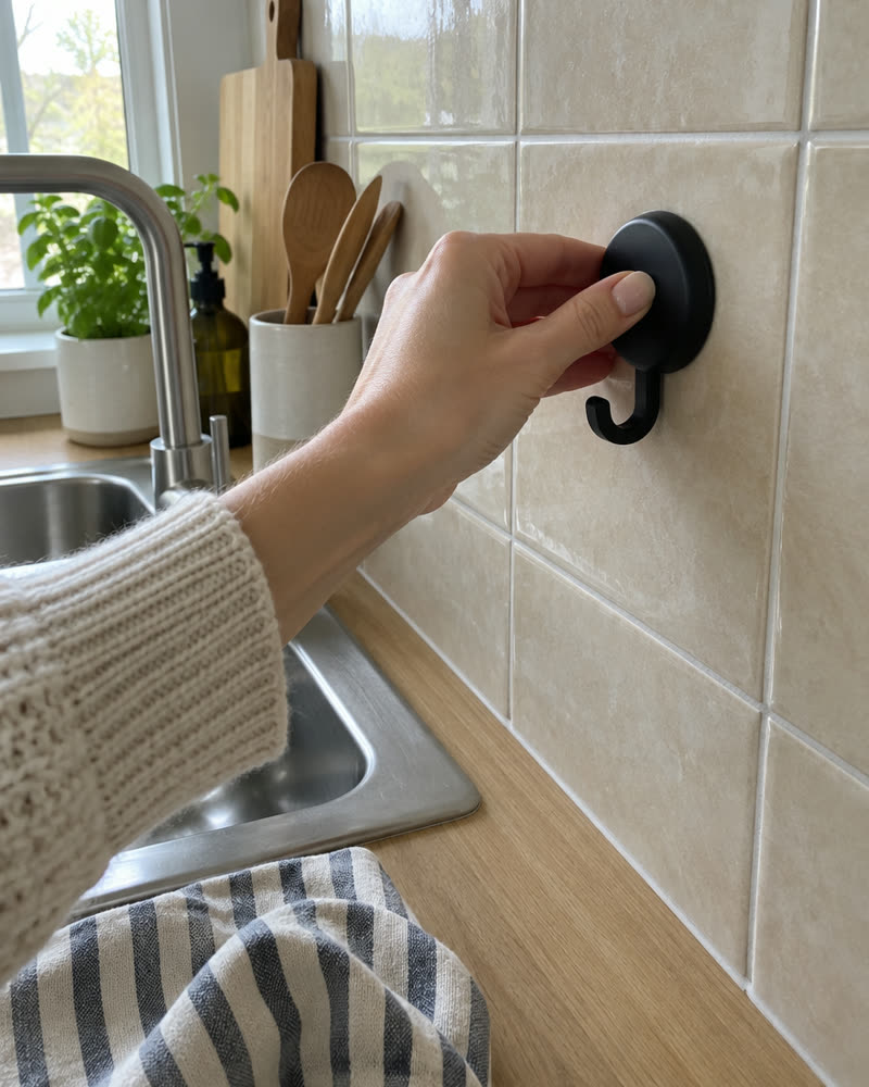 Hand pressing a black Wove hook onto beige kitchen tile