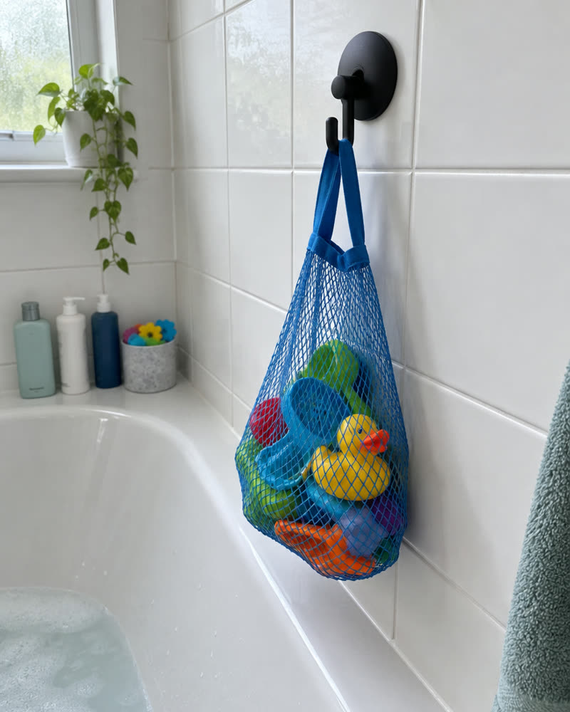 Black Wove hook above a bath with a mesh bag full of bath toys