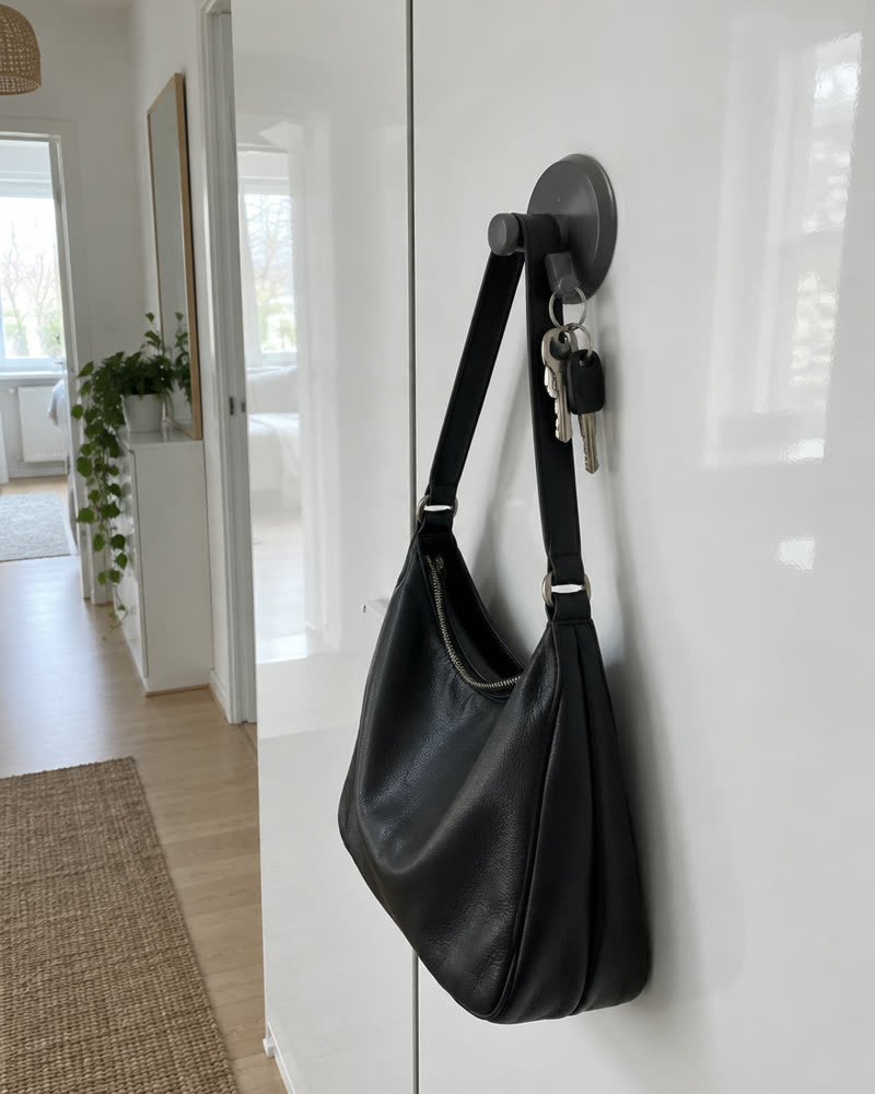 Gunmetal Wove hook on a white wardrobe door with a black bag and keys