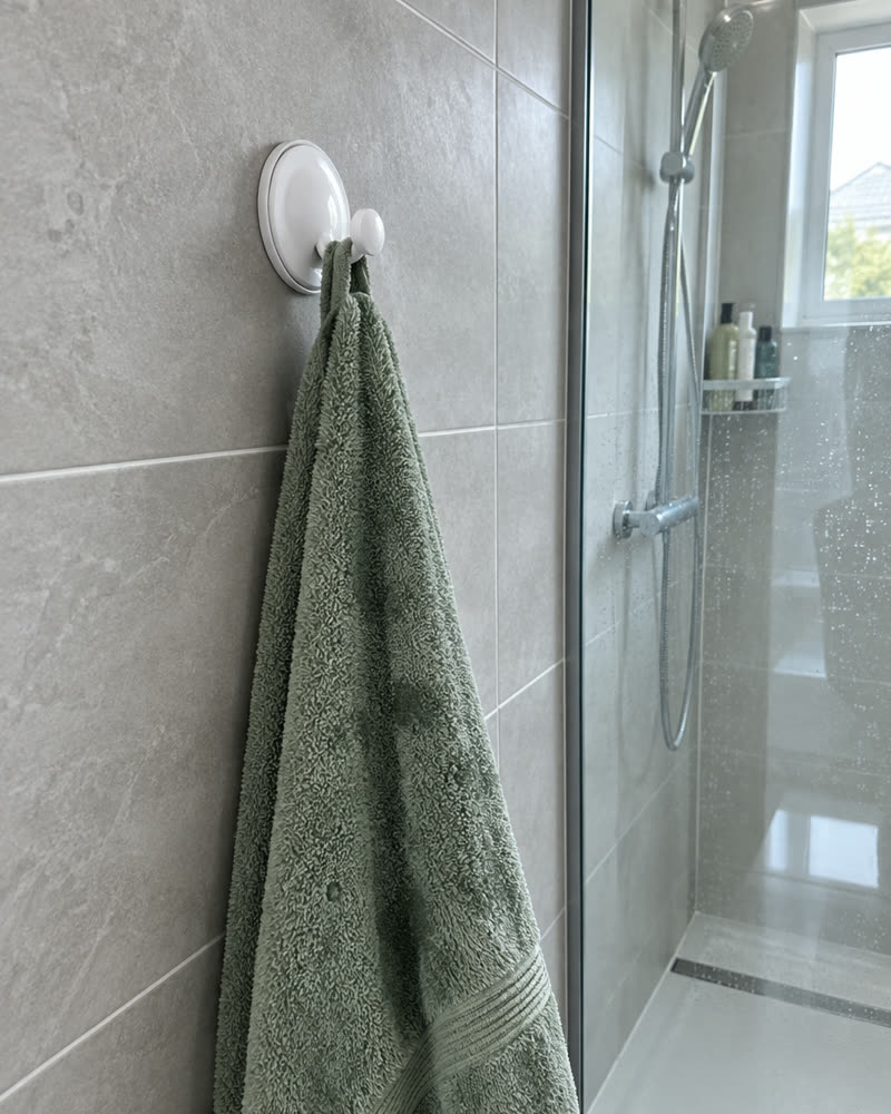 Arctic white Wove hook on light grey tile with a sage green towel