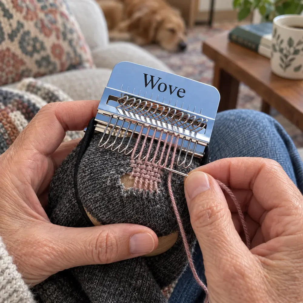 Hands weaving a pink mend into a grey sock on the sofa